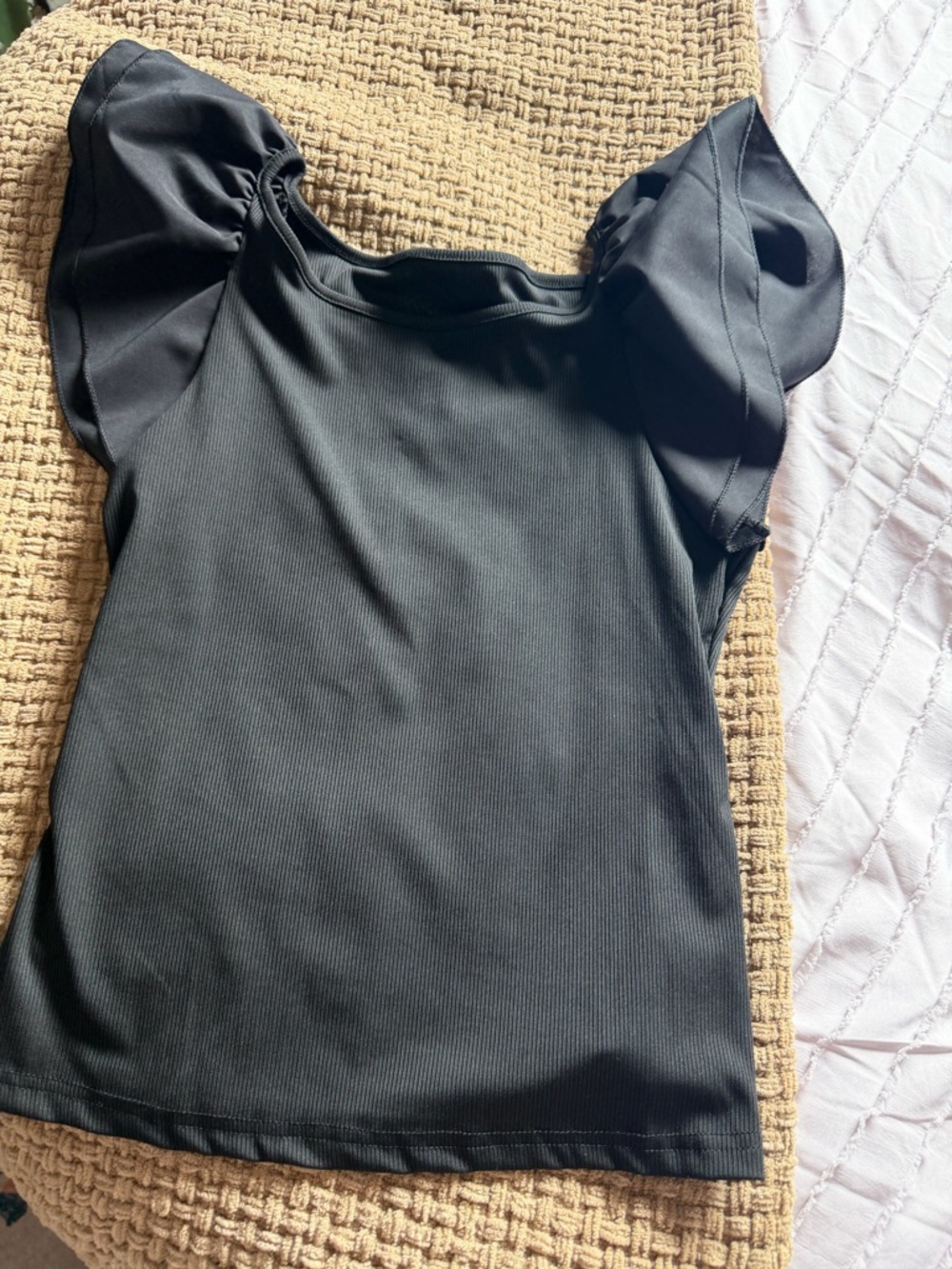 SHEIN Black Flutter Sleeve Ribbed Tee